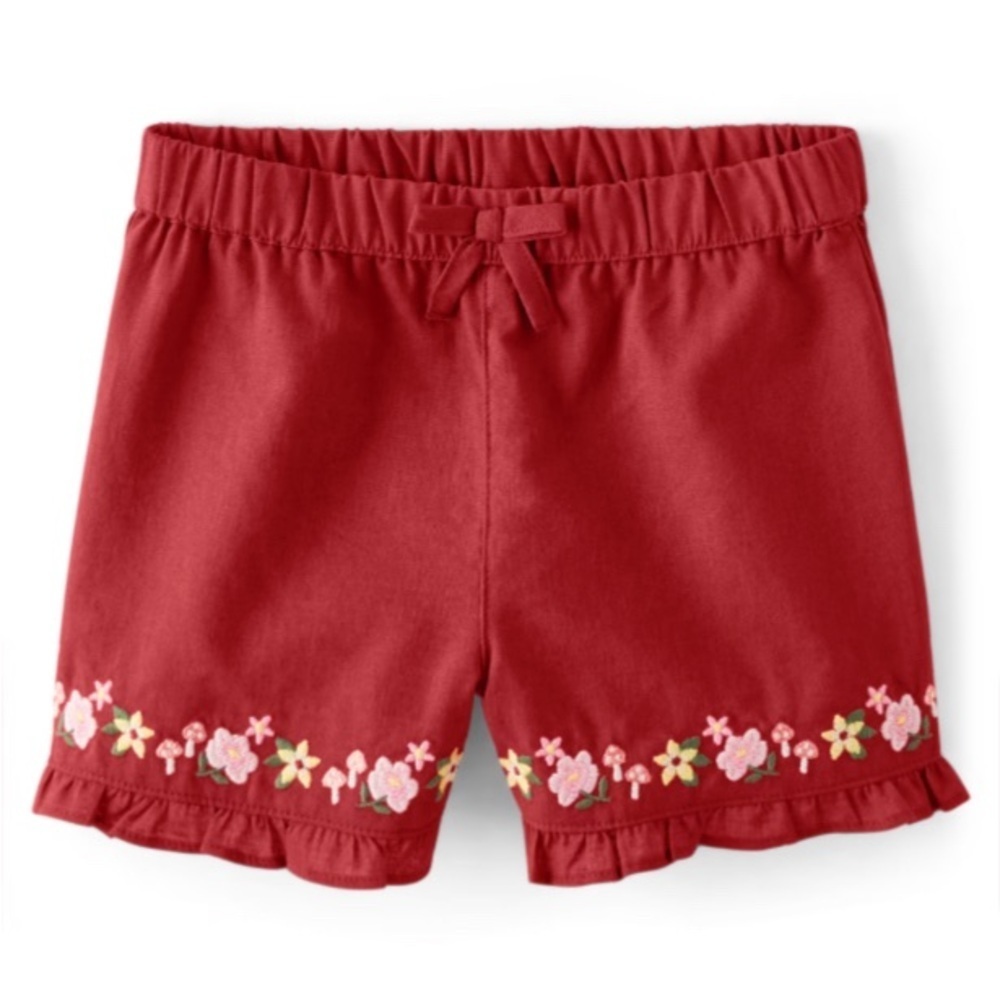 NEW- Gymboree
Girls Embroidered Floral Ruffle Shorts-Fairytale Forest-Sunburn.
